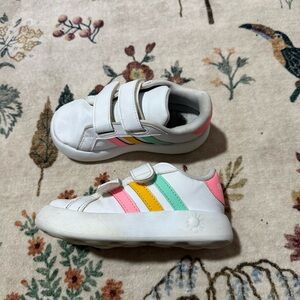 adidas Kids White Sneakers with Pink, Yellow, and Green Stripes 9